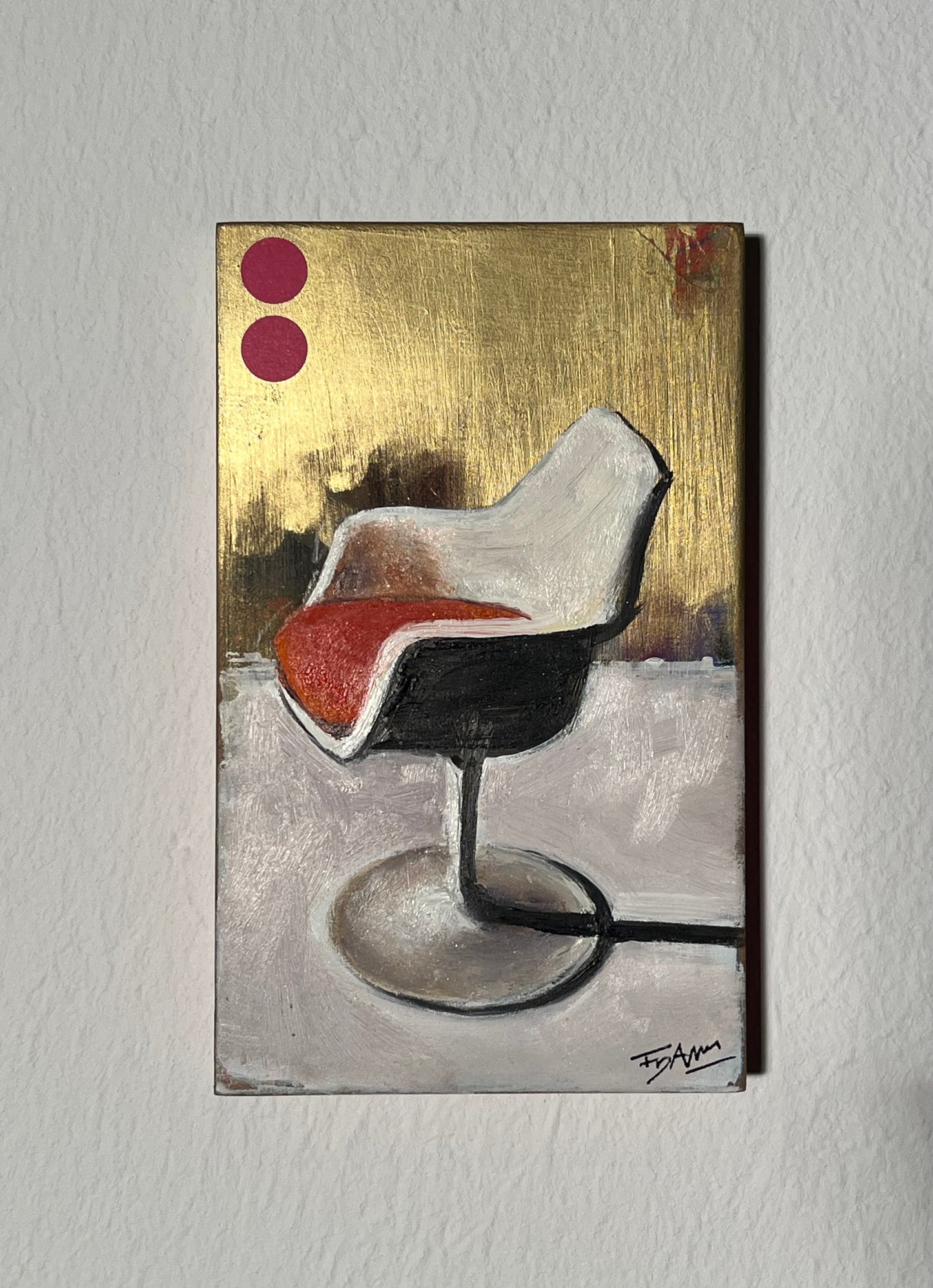Fotorealist painting of a modern chair with gold and red accents on a textured wall.
