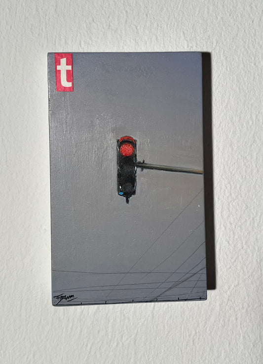 Traffic light on a gray background with a 't' logo in the corner. Frank Damm - Photorealistc artist